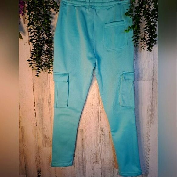 NWT Reasons Baxter Multi pocket Cargo Sweatpants/Joggers in Aqua - Picture 3 of 8